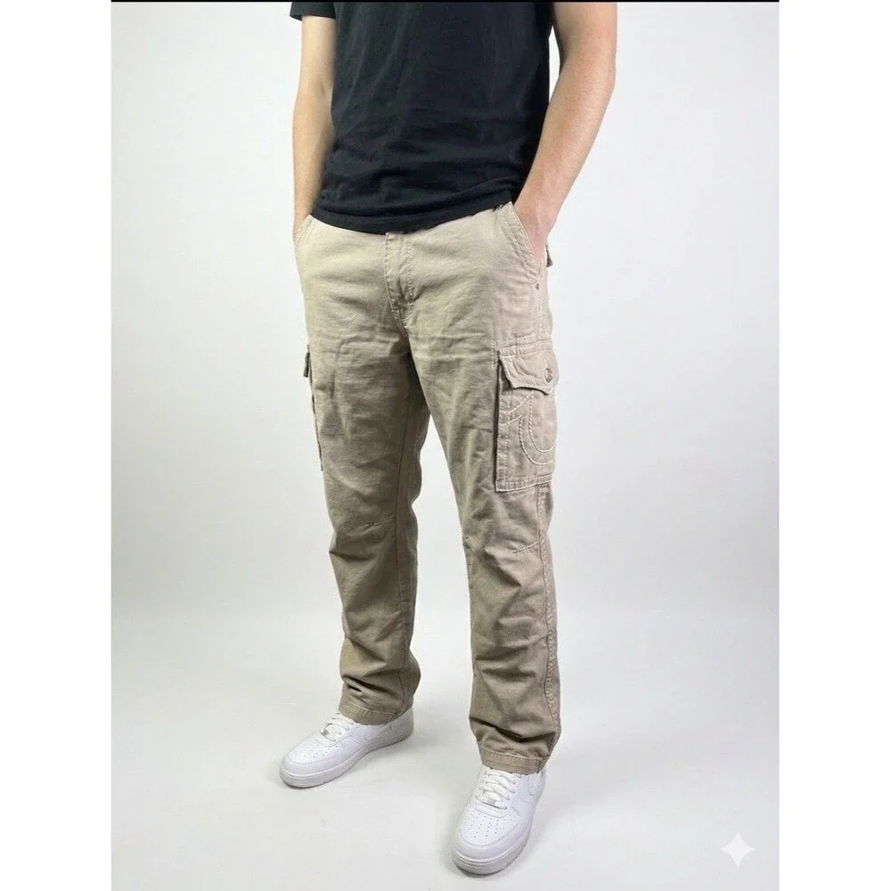 True Religion Big T Cargo Pants Mens 38x31 Khaki Tan Beige Cotton Straight Leg